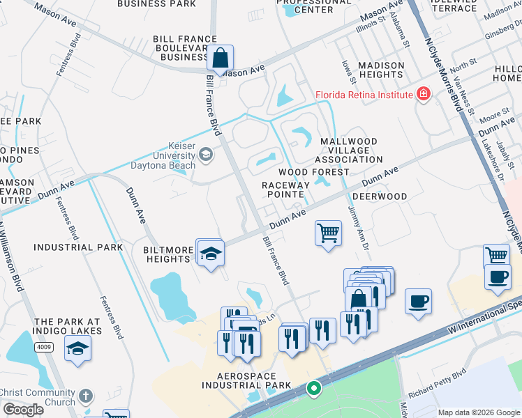 map of restaurants, bars, coffee shops, grocery stores, and more near 112 Dovecote Lane in Daytona Beach