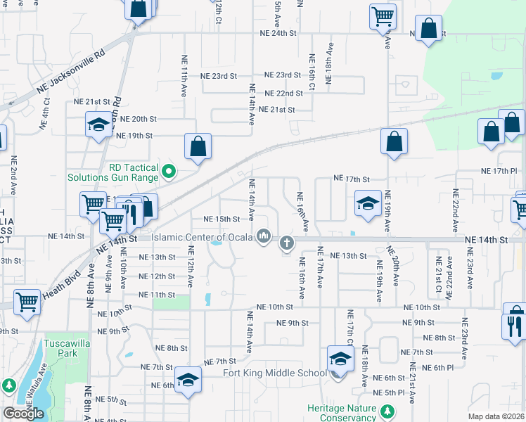 map of restaurants, bars, coffee shops, grocery stores, and more near 1506 Northeast 15th Avenue in Ocala