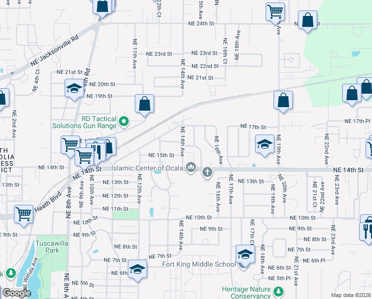 map of restaurants, bars, coffee shops, grocery stores, and more near 1506 Northeast 15th Avenue in Ocala