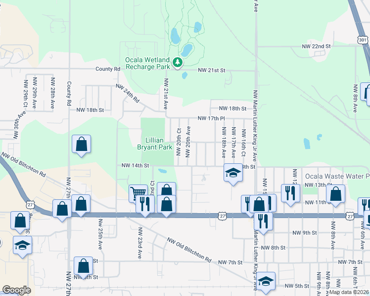 map of restaurants, bars, coffee shops, grocery stores, and more near 1501 Northwest 20th Avenue in Ocala