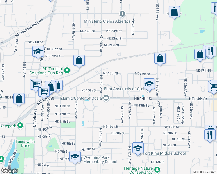 map of restaurants, bars, coffee shops, grocery stores, and more near 1506 Northeast 15th Avenue in Ocala