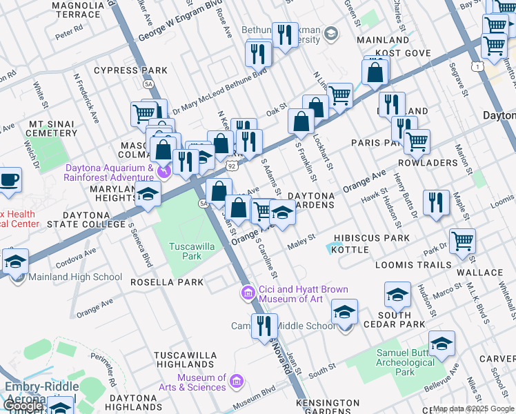 map of restaurants, bars, coffee shops, grocery stores, and more near 216 South Keech Street in Daytona Beach