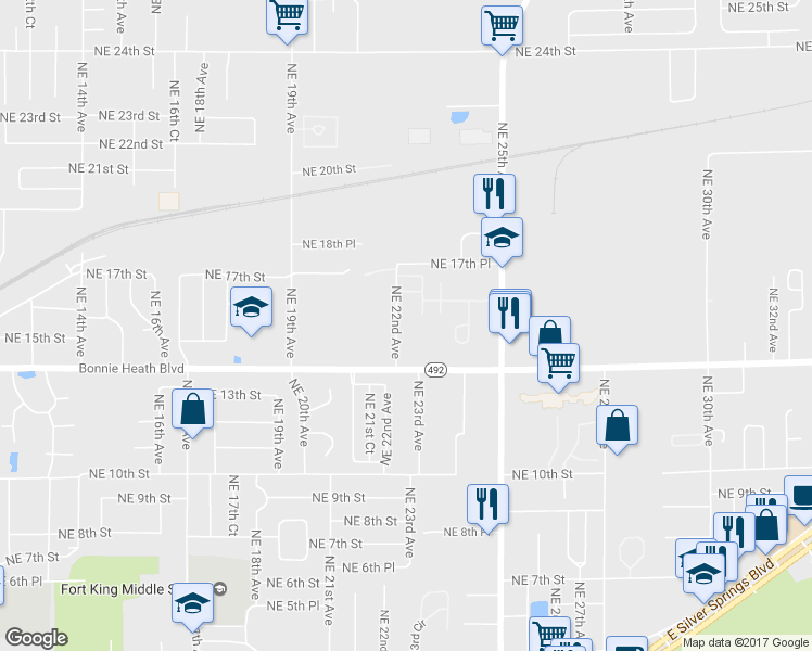 map of restaurants, bars, coffee shops, grocery stores, and more near 1525 Northeast 22nd Avenue in Ocala