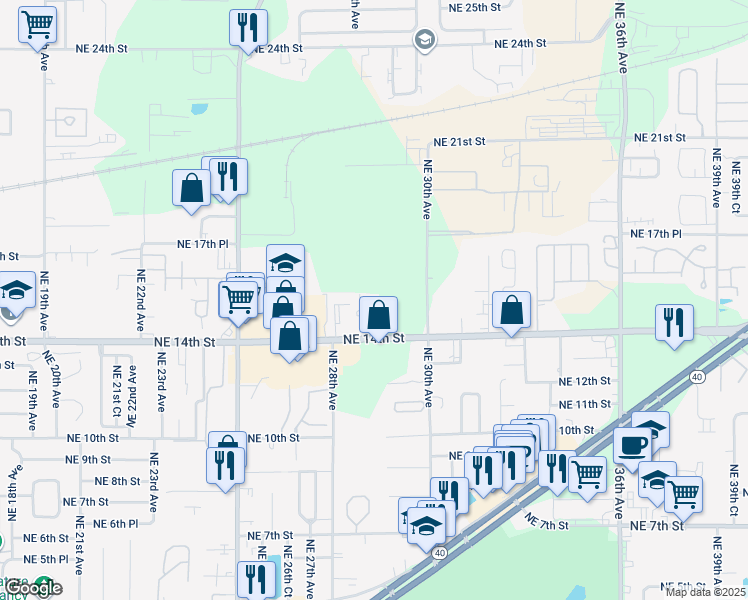 map of restaurants, bars, coffee shops, grocery stores, and more near 2921 Northeast 14th Street in Ocala