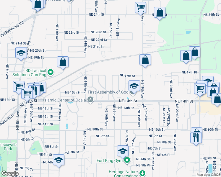map of restaurants, bars, coffee shops, grocery stores, and more near 1520 Northeast 17th Avenue in Ocala