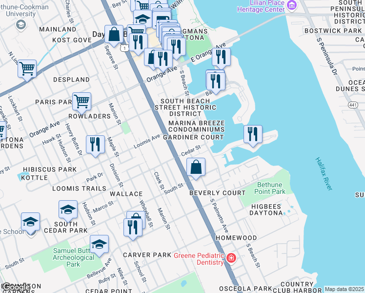 map of restaurants, bars, coffee shops, grocery stores, and more near 130 Cedar Street in Daytona Beach