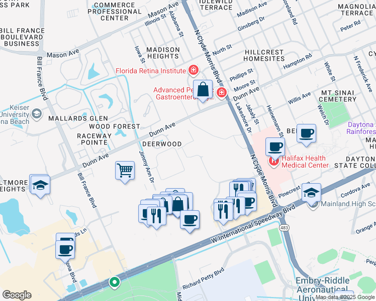 map of restaurants, bars, coffee shops, grocery stores, and more near 1704 Huntington Village Circle in Daytona Beach