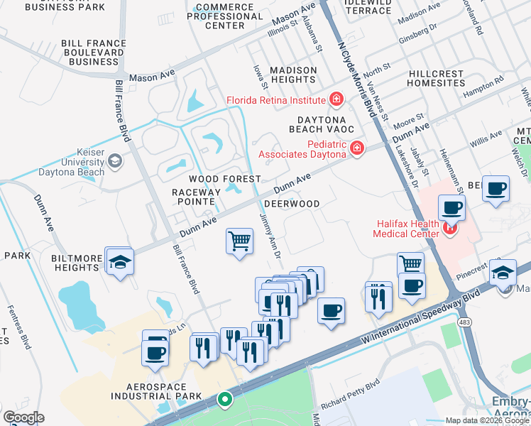 map of restaurants, bars, coffee shops, grocery stores, and more near in Daytona Beach