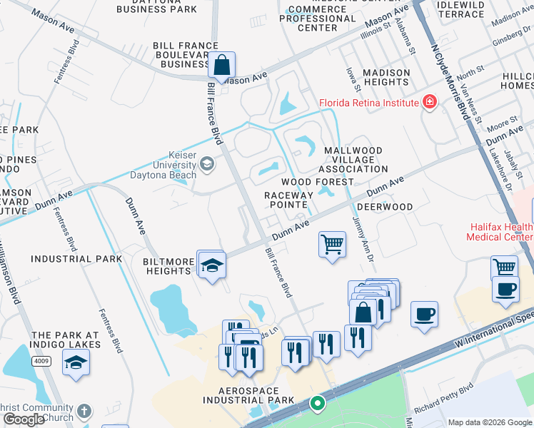 map of restaurants, bars, coffee shops, grocery stores, and more near 112 Dovecote Lane in Daytona Beach