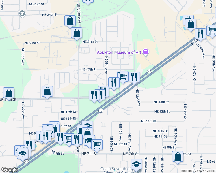 map of restaurants, bars, coffee shops, grocery stores, and more near 1529 Northeast 39th Avenue in Ocala