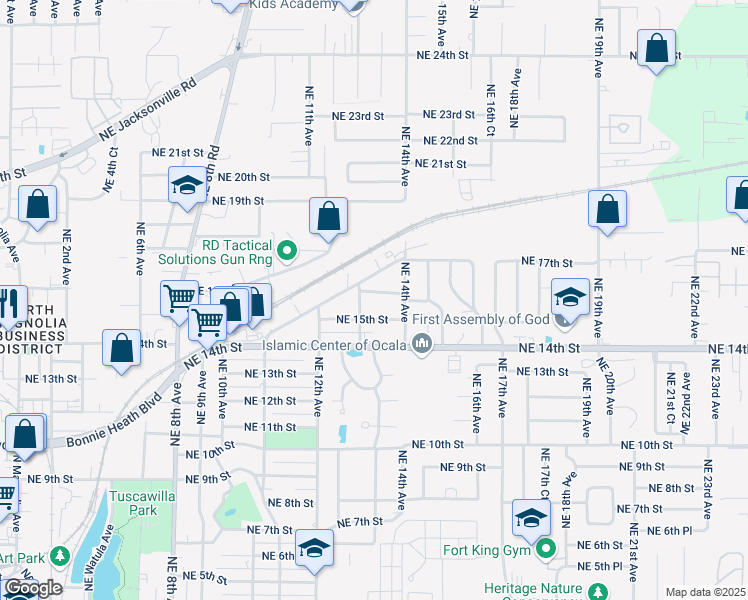 map of restaurants, bars, coffee shops, grocery stores, and more near 1347 Northeast 15th Street in Ocala