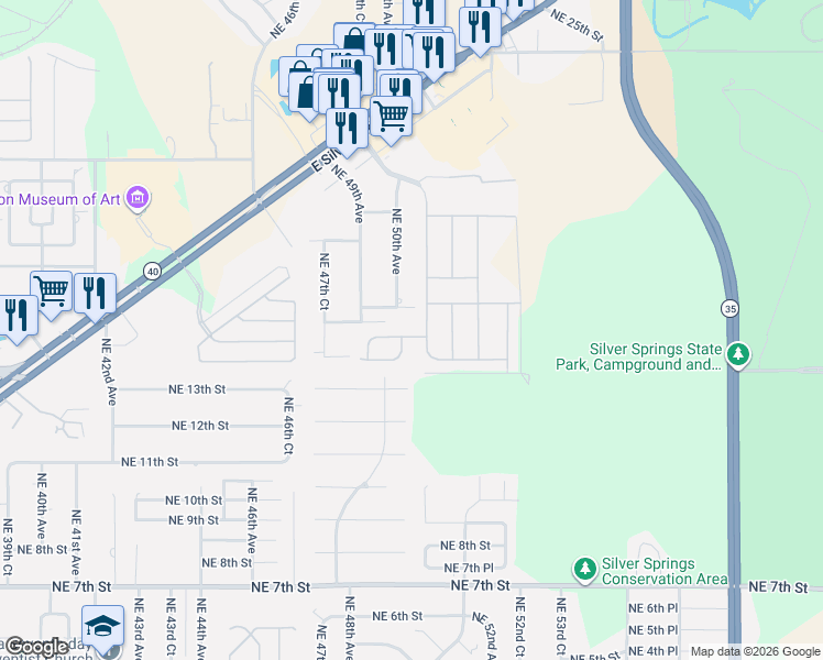 map of restaurants, bars, coffee shops, grocery stores, and more near 1521 Northeast 50th Avenue in Ocala