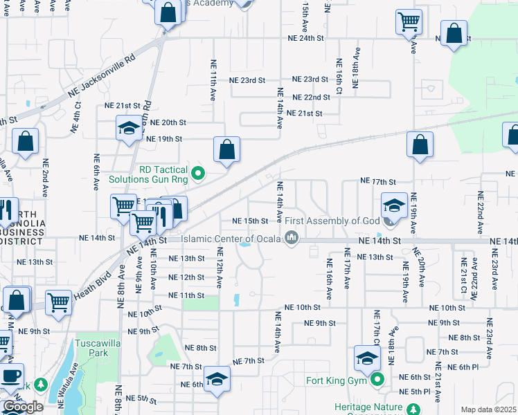 map of restaurants, bars, coffee shops, grocery stores, and more near 1347 Northeast 15th Street in Ocala