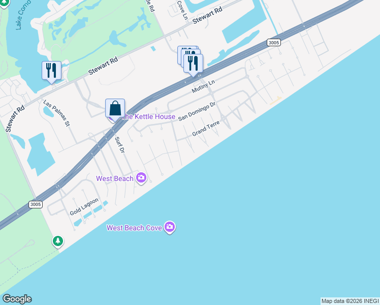 map of restaurants, bars, coffee shops, grocery stores, and more near 4234 Pirates Alley in Galveston
