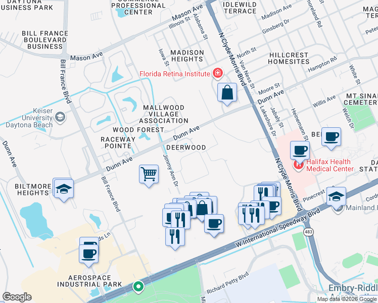 map of restaurants, bars, coffee shops, grocery stores, and more near 1704 Huntington Village Circle in Daytona Beach
