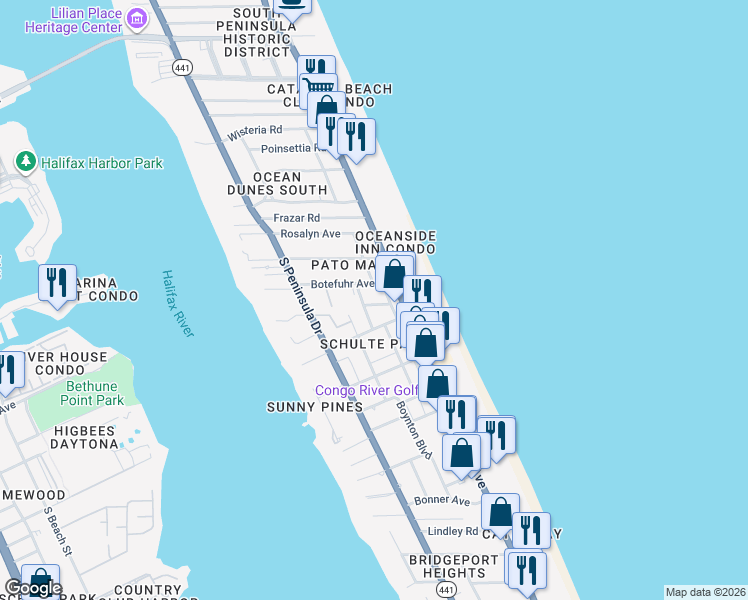map of restaurants, bars, coffee shops, grocery stores, and more near 135 Park Avenue in Daytona Beach