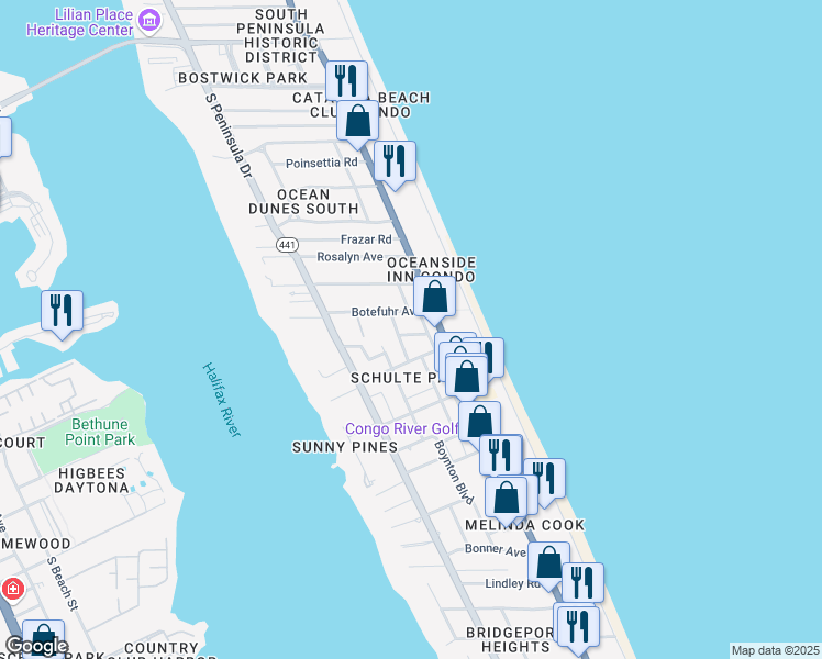 map of restaurants, bars, coffee shops, grocery stores, and more near 135 Park Avenue in Daytona Beach