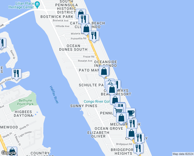 map of restaurants, bars, coffee shops, grocery stores, and more near 135 Park Avenue in Daytona Beach