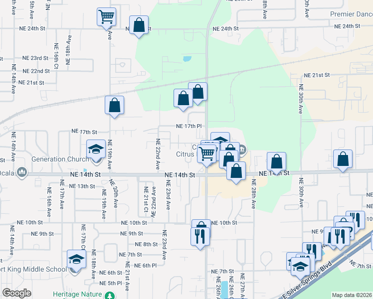 map of restaurants, bars, coffee shops, grocery stores, and more near 1612 Northeast 25th Avenue in Ocala