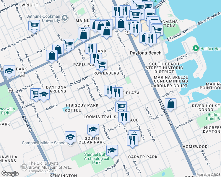 map of restaurants, bars, coffee shops, grocery stores, and more near 420 Doctor Martin Luther King Junior Boulevard in Daytona Beach