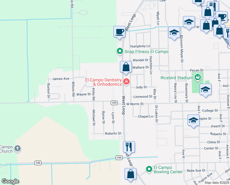 map of restaurants, bars, coffee shops, grocery stores, and more near 2001 Lynn Street in El Campo