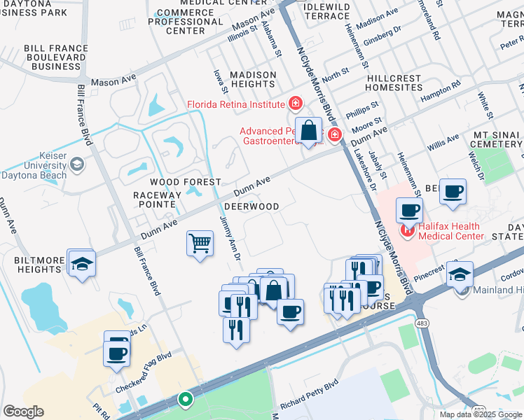 map of restaurants, bars, coffee shops, grocery stores, and more near 1704 Huntington Village Circle in Daytona Beach