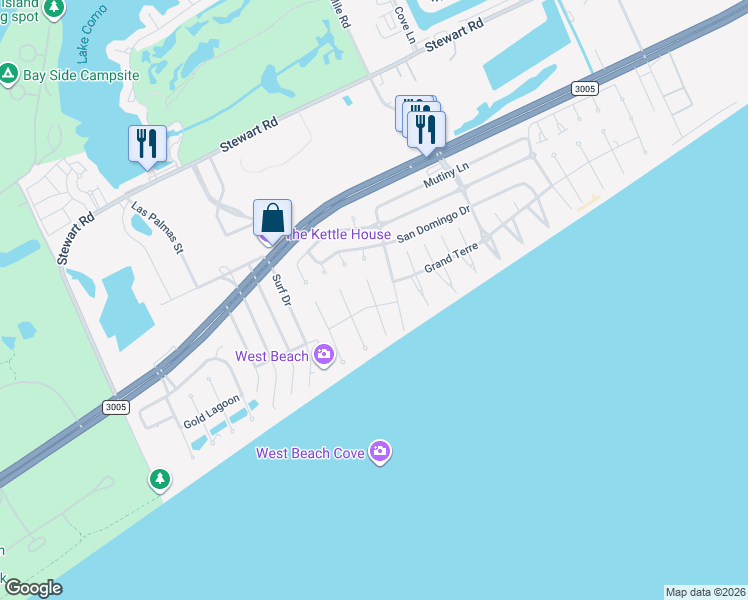 map of restaurants, bars, coffee shops, grocery stores, and more near 4223 Spoonbill Ln in Galveston