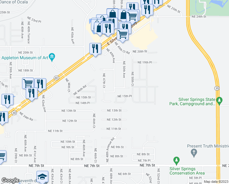 map of restaurants, bars, coffee shops, grocery stores, and more near 1501 Northeast 49th Avenue in Ocala