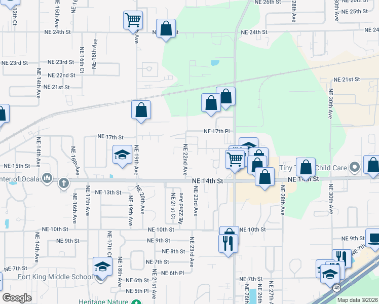 map of restaurants, bars, coffee shops, grocery stores, and more near 1525 Northeast 22nd Avenue in Ocala