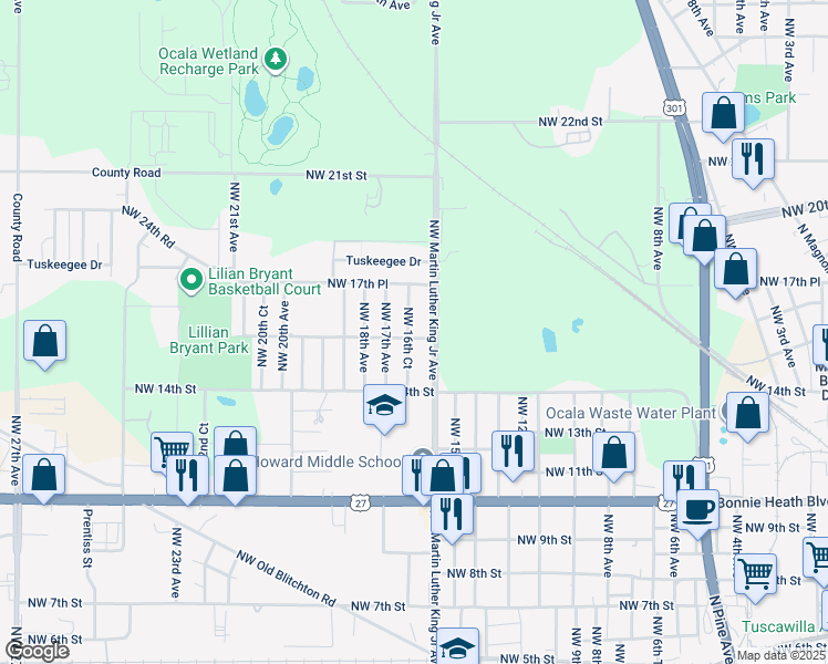 map of restaurants, bars, coffee shops, grocery stores, and more near 1558 Northwest 16th Court in Ocala
