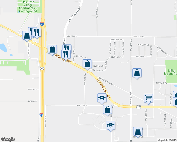 map of restaurants, bars, coffee shops, grocery stores, and more near 3951 NW Blitchton Rd in Ocala