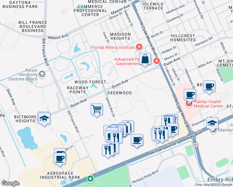 map of restaurants, bars, coffee shops, grocery stores, and more near 139 White Fawn Drive in Daytona Beach