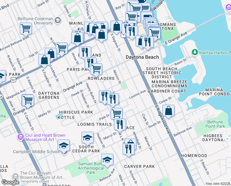 map of restaurants, bars, coffee shops, grocery stores, and more near 429 Division Street in Daytona Beach