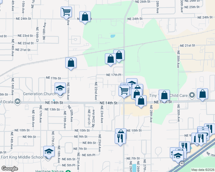 map of restaurants, bars, coffee shops, grocery stores, and more near 2332 Northeast 17th Place in Ocala