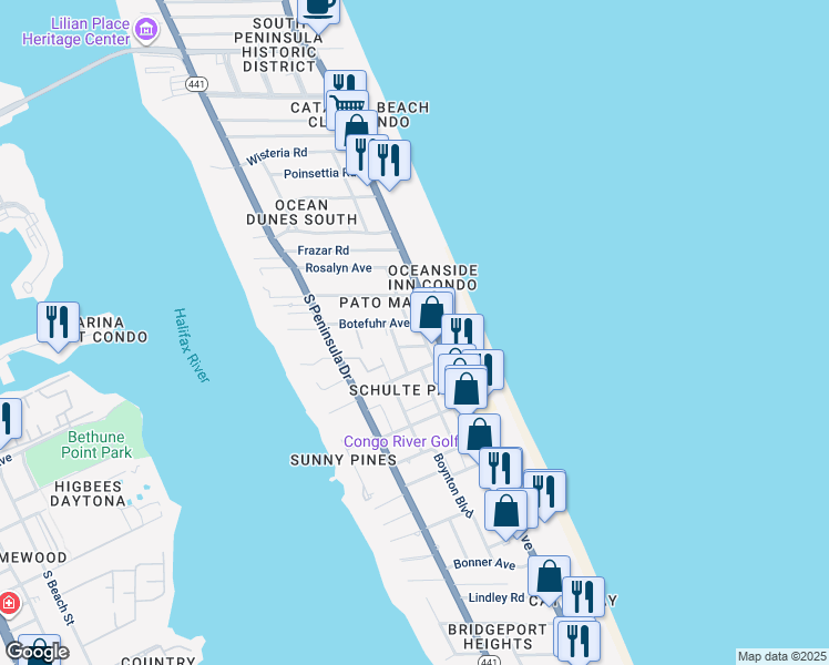 map of restaurants, bars, coffee shops, grocery stores, and more near 1921 Marilyn Avenue in Daytona Beach Shores