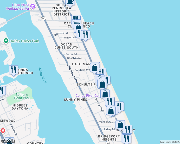 map of restaurants, bars, coffee shops, grocery stores, and more near 1921 Marilyn Avenue in Daytona Beach Shores
