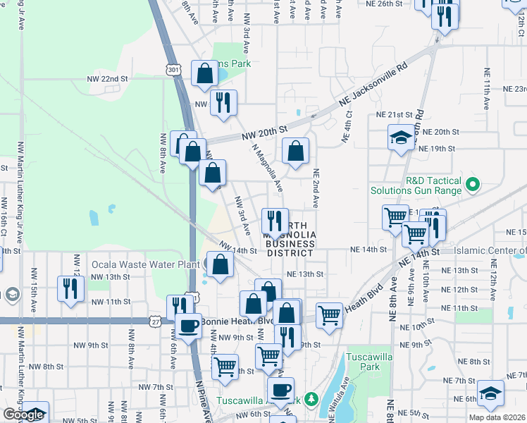 map of restaurants, bars, coffee shops, grocery stores, and more near 1620 North Magnolia Avenue in Ocala