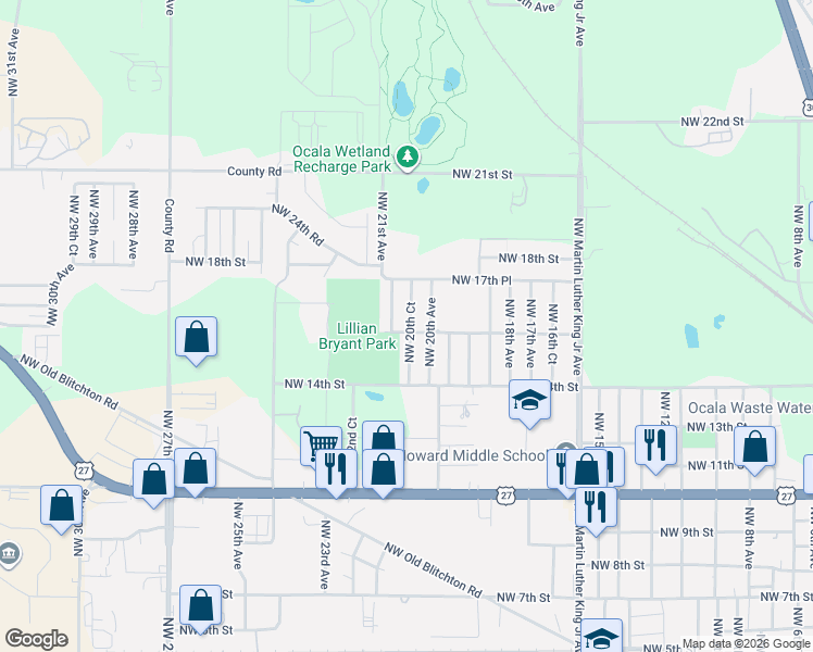 map of restaurants, bars, coffee shops, grocery stores, and more near 1621 Northwest 21st Avenue in Ocala