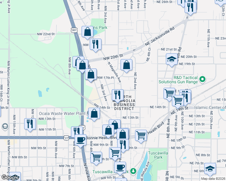 map of restaurants, bars, coffee shops, grocery stores, and more near 1620 North Magnolia Avenue in Ocala