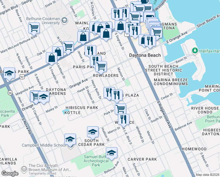 map of restaurants, bars, coffee shops, grocery stores, and more near 339 Doctor Martin Luther King Junior Boulevard in Daytona Beach