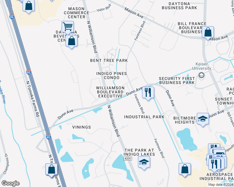map of restaurants, bars, coffee shops, grocery stores, and more near 112 Lacosta Lane in Daytona Beach