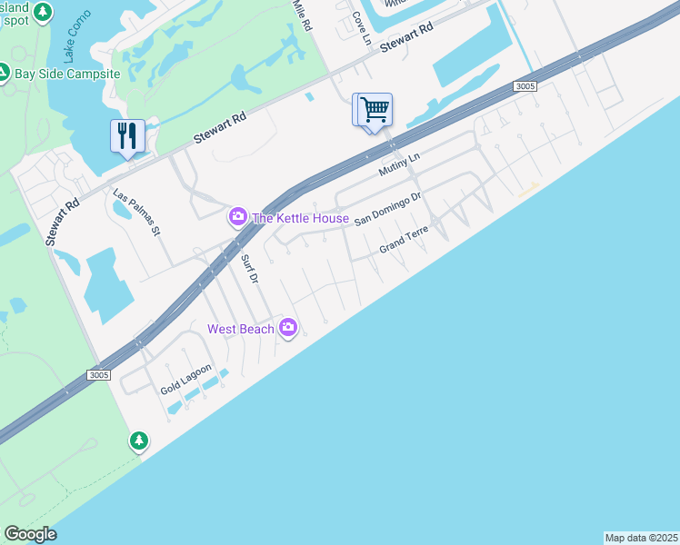 map of restaurants, bars, coffee shops, grocery stores, and more near 4124 Spoonbill Lane in Galveston