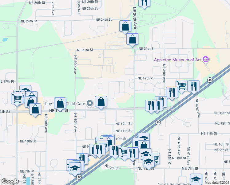 map of restaurants, bars, coffee shops, grocery stores, and more near 3323 Northeast 14th Street in Ocala