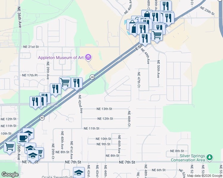 map of restaurants, bars, coffee shops, grocery stores, and more near 1509 Northeast 46th Road in Ocala
