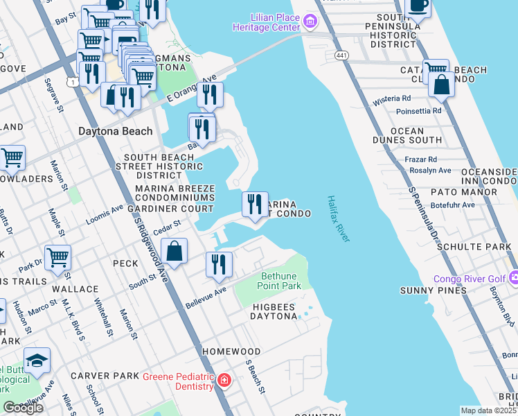 map of restaurants, bars, coffee shops, grocery stores, and more near 533 Marina Point Drive in Daytona Beach