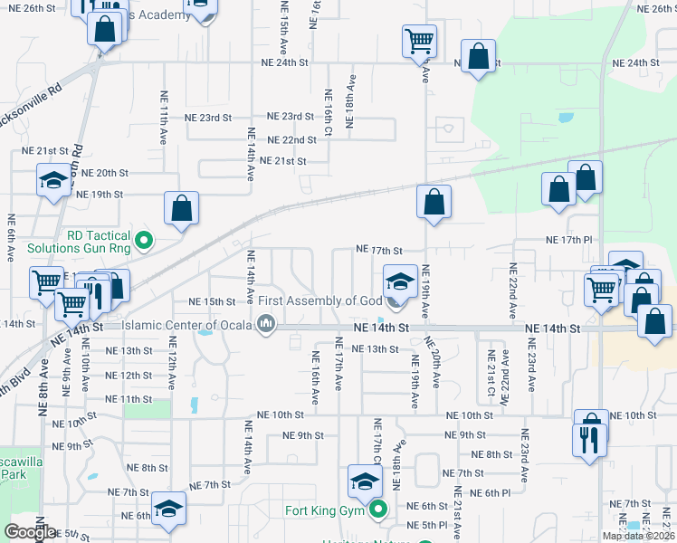 map of restaurants, bars, coffee shops, grocery stores, and more near 1605 Northeast 17th Avenue in Ocala