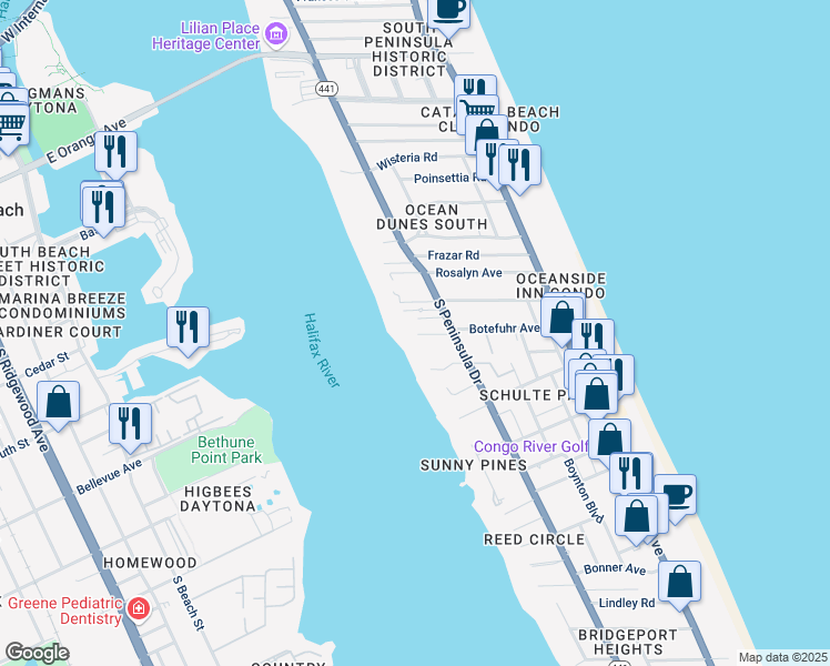 map of restaurants, bars, coffee shops, grocery stores, and more near 2000 South Peninsula Drive in Daytona Beach