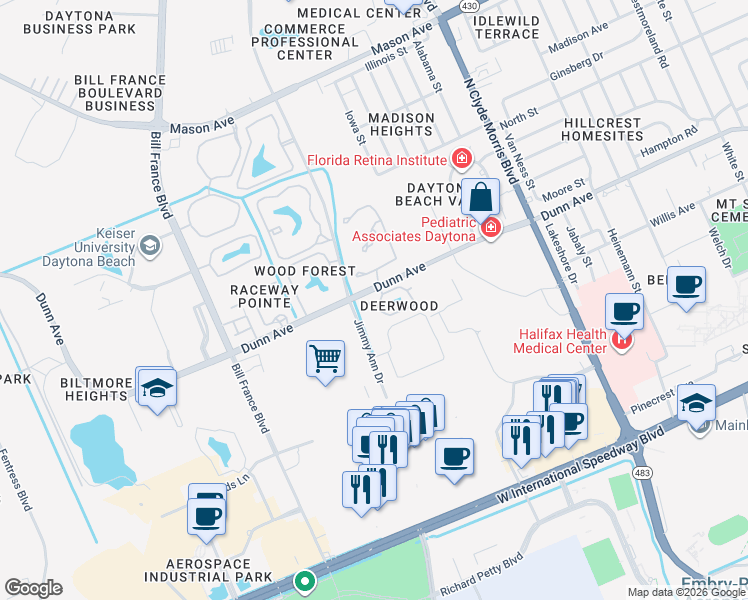 map of restaurants, bars, coffee shops, grocery stores, and more near 1690 Dunn Avenue in Daytona Beach