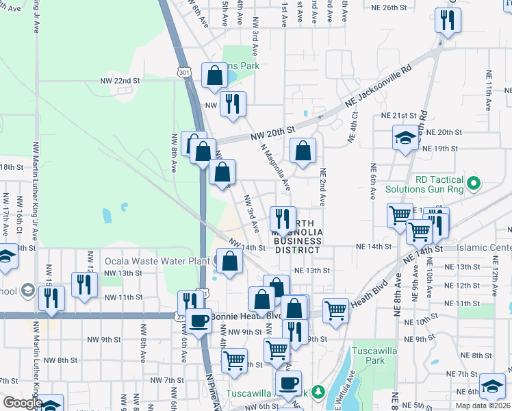 map of restaurants, bars, coffee shops, grocery stores, and more near 202 Northwest 17th Street in Ocala