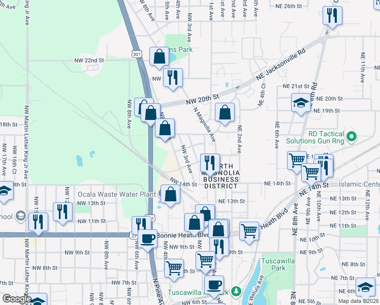 map of restaurants, bars, coffee shops, grocery stores, and more near 202 Northwest 17th Street in Ocala